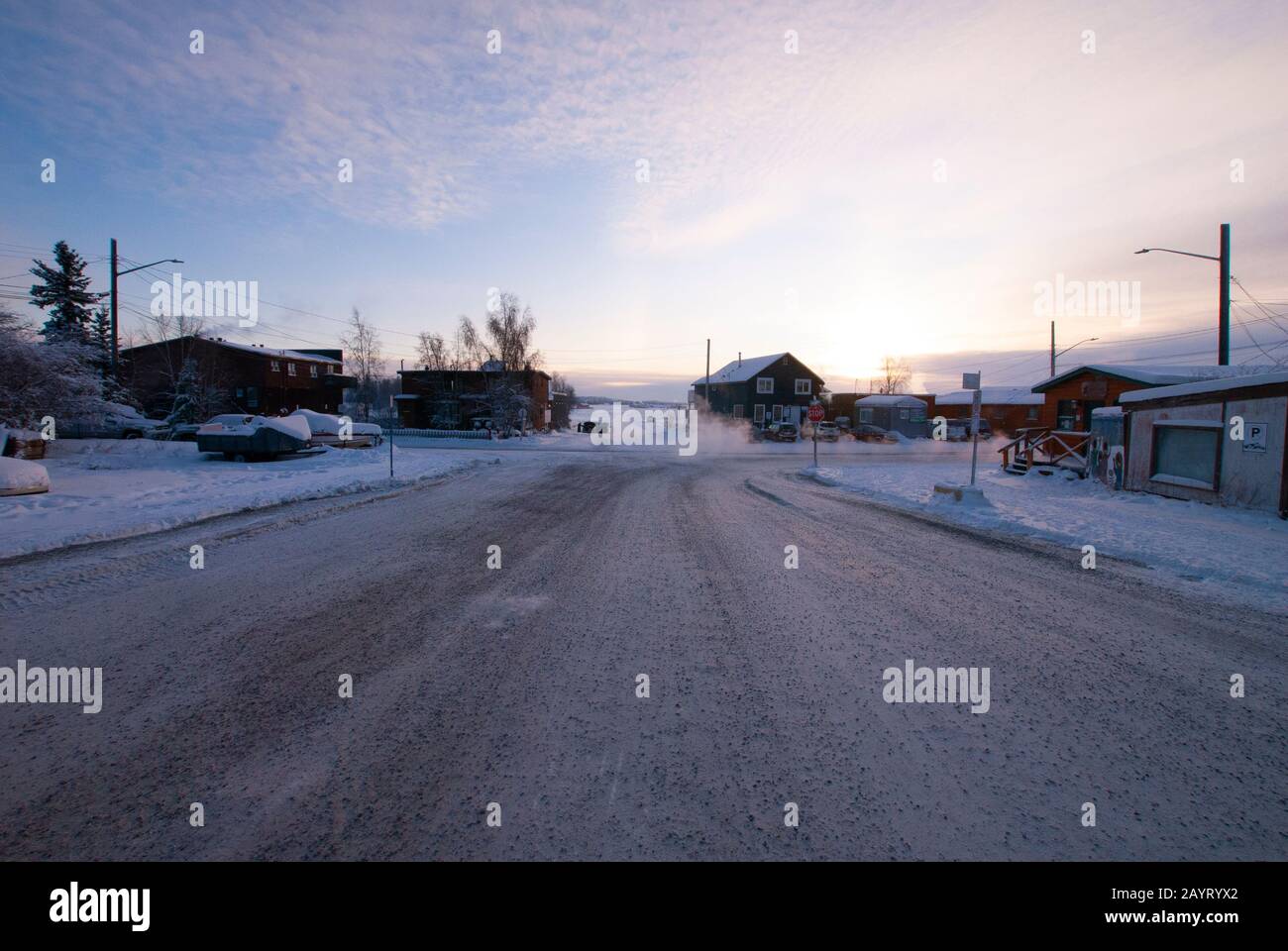 View of the entrance to a local ice road from Weaver Dr. at Franklin Ave., Yellowknife, Northwest Territories, Canada Stock Photo