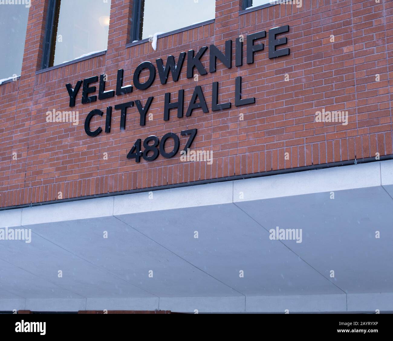 Yellowknife City Hall sign in Yellowknife, Northwest Territories, Canada Stock Photo