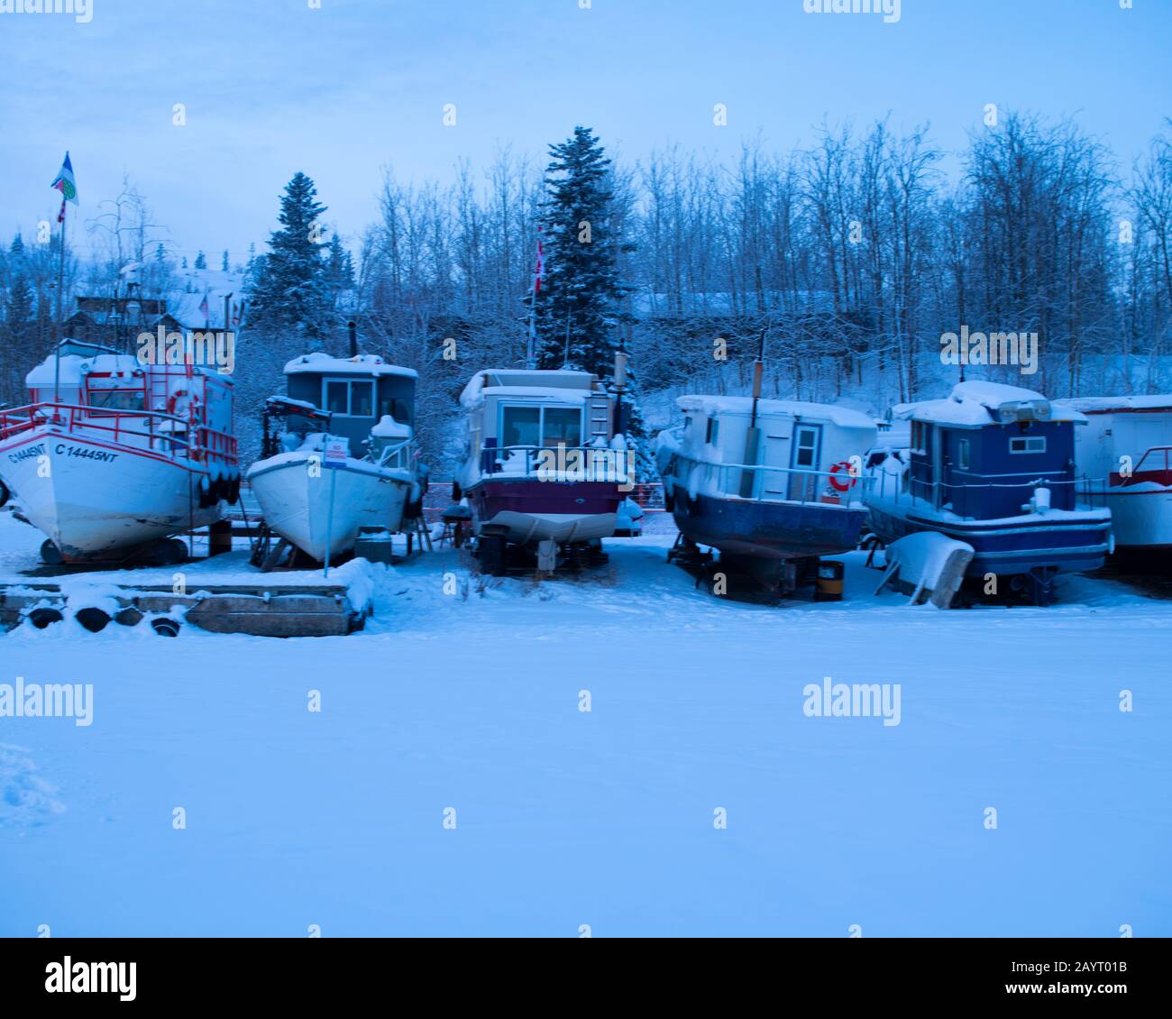 Boats in winter storage at the Giant Mine boat launch and dock in