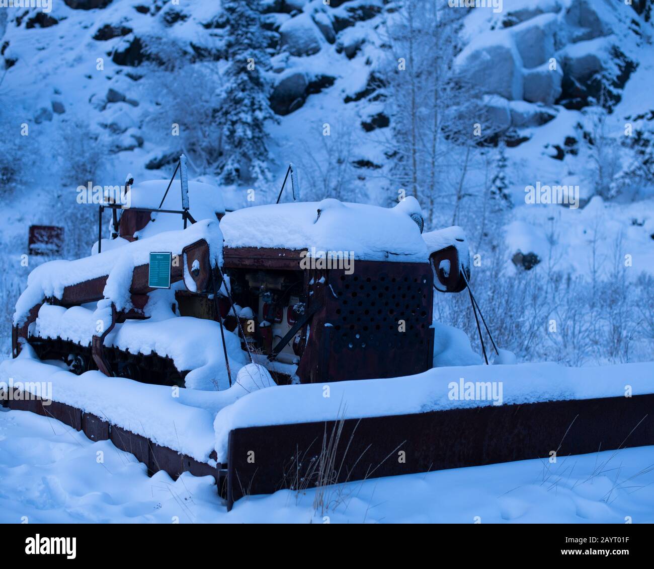 Old grader in an outdoor display in Yellowknife, Northwest Territories, Canada Stock Photo
