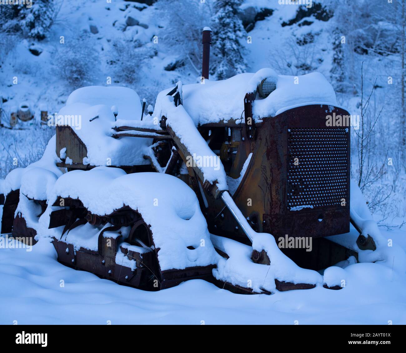 Old bulldozer in an outdoor display in Yellowknife, Northwest Territories, Canada Stock Photo