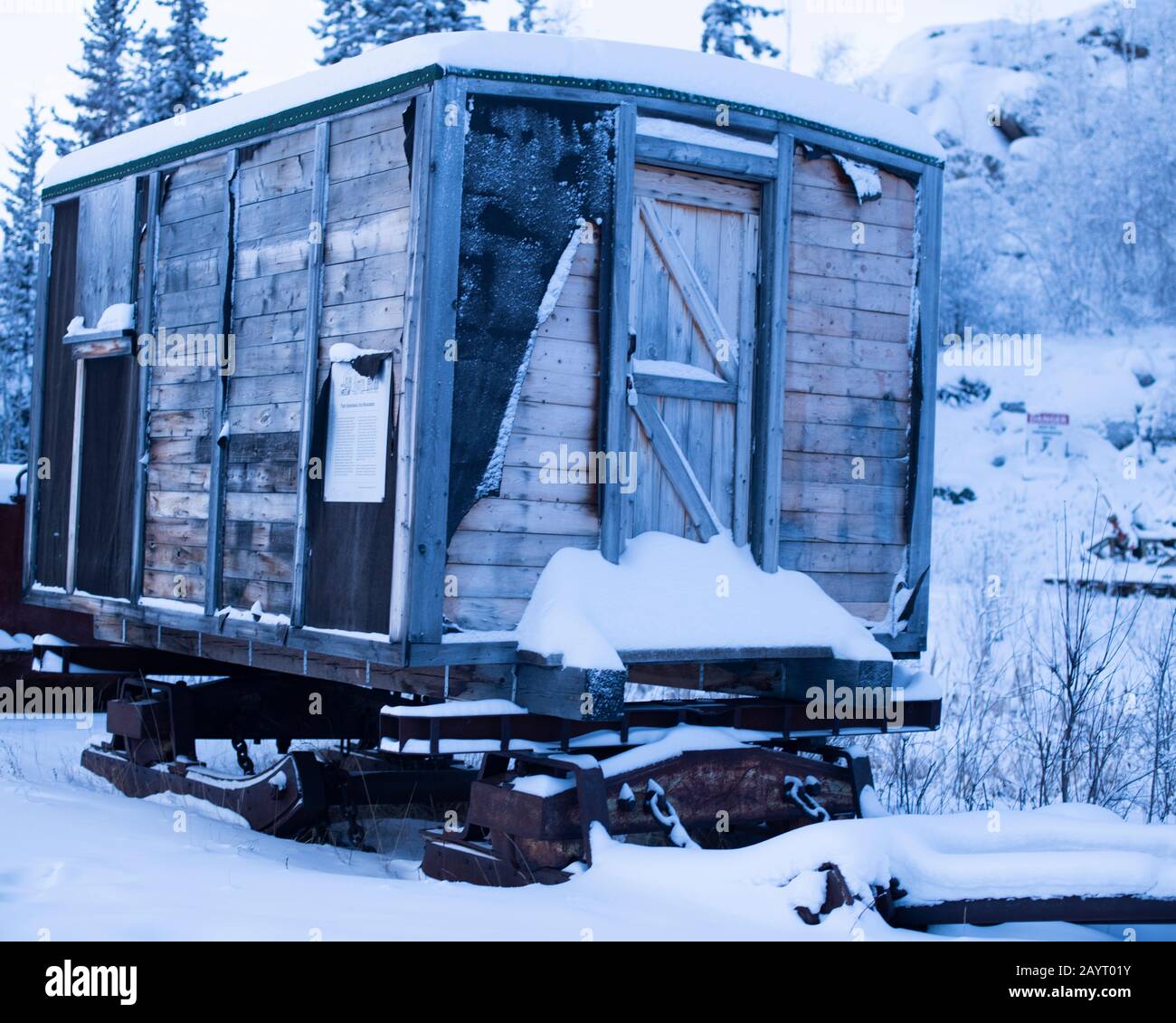 Old wooden boxcar in an outdoor display in Yellowknife, Northwest Territories, Canada Stock Photo