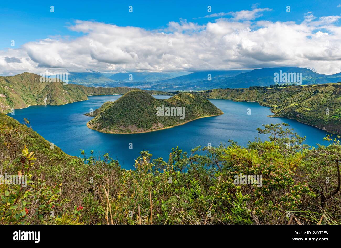 The Cuicocha crater lake or lagoon with the Teodoro Wolf and Yerovi ...