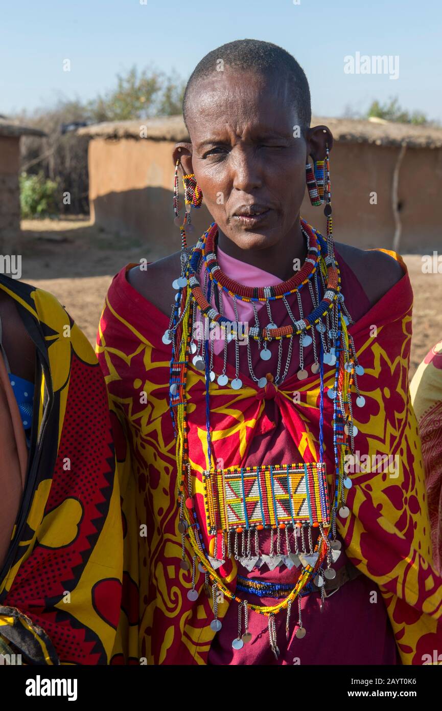 Close Up Of A Maasai Woman With Her Glass Bead Jewelry In A Maasai Village In The Masai Mara In