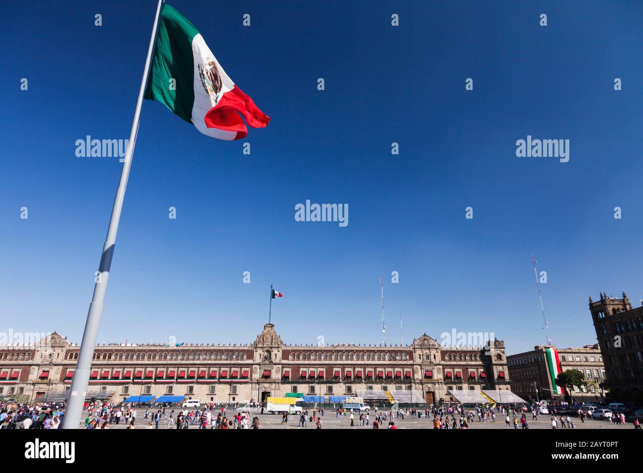 National flag and National Palace, Zocalo, Plaza de la Constitucion, Mexico City, Mexico, Central America Stock Photo