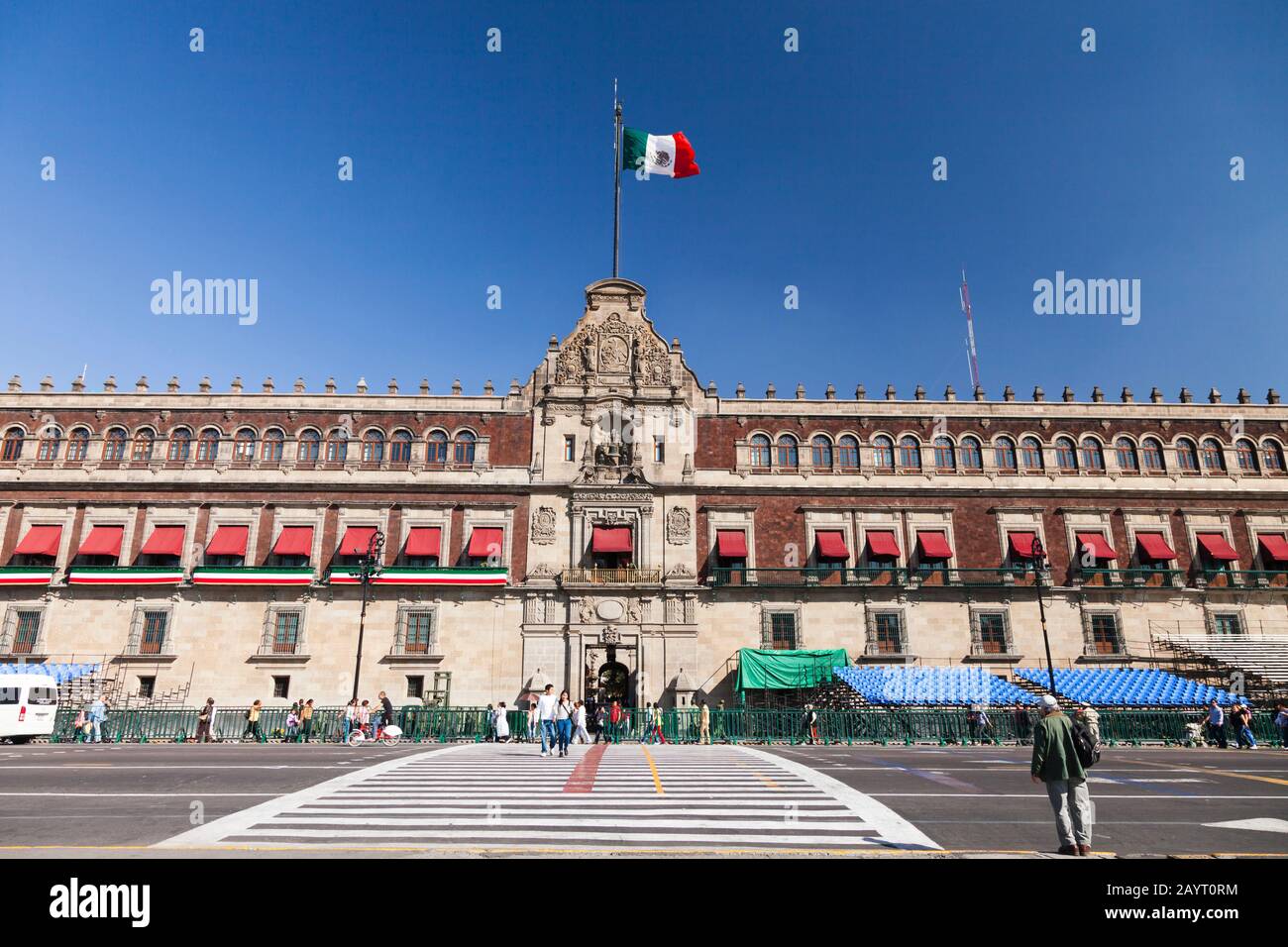 National flag and National Palace, Zocalo, Plaza de la Constitucion, Mexico City, Mexico, Central America Stock Photo