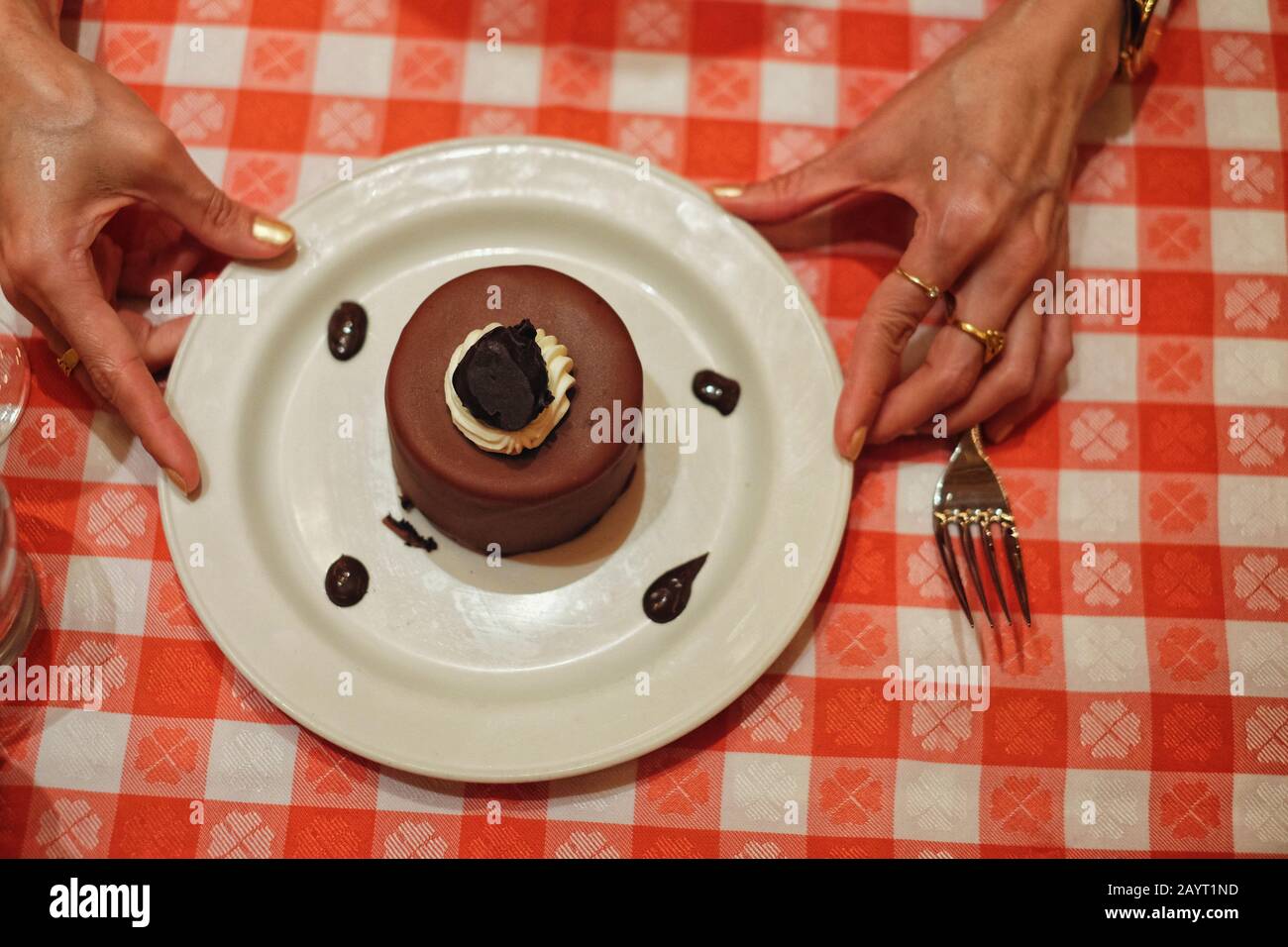 Dessert of chocolate mousse cake at the Grand Central Oyster Bar  Seafood Restaurant, a classic  New York dining experience Stock Photo