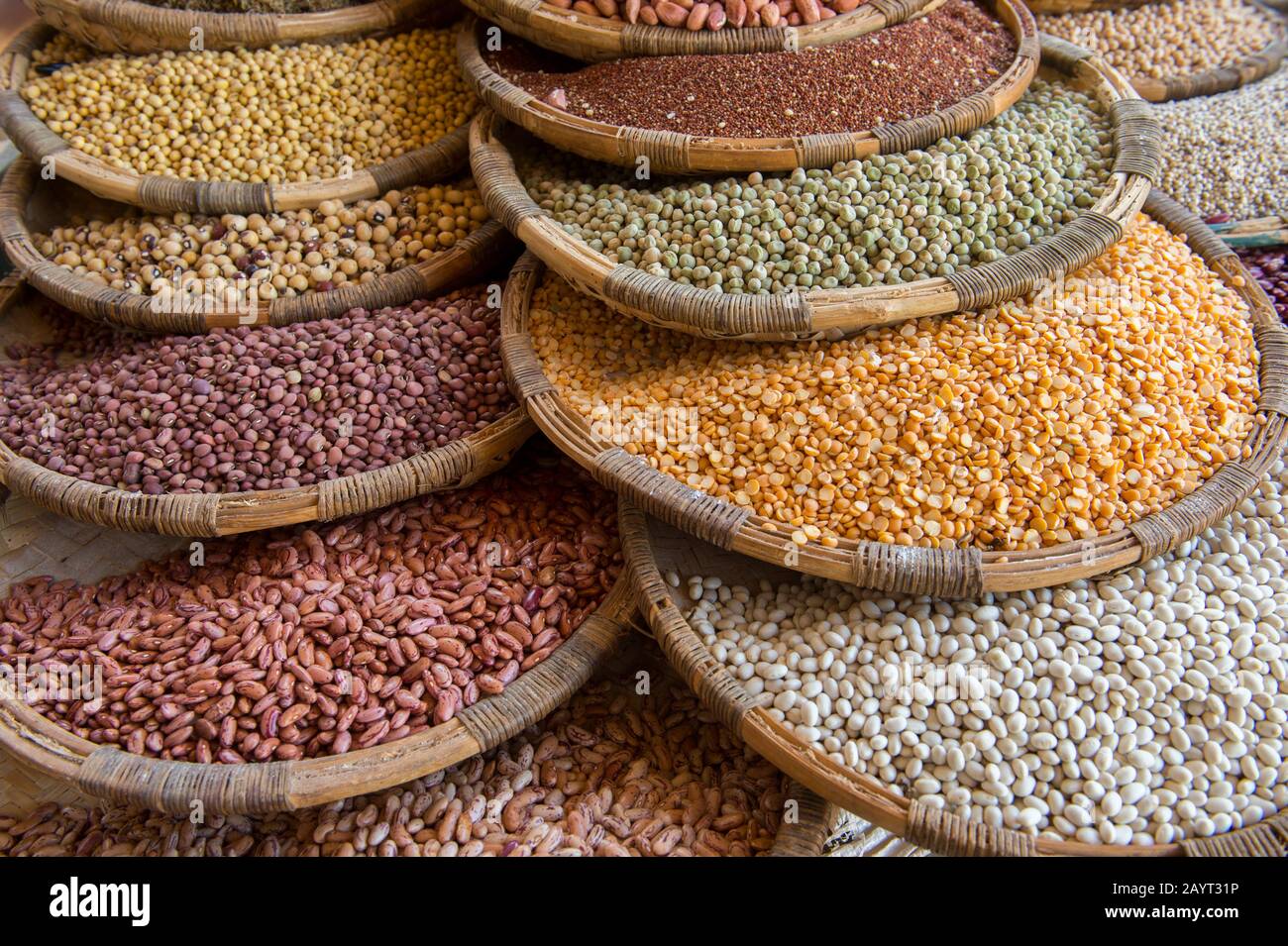 Lentils, peas, peanuts, rice, beans and other legumes for sale on the