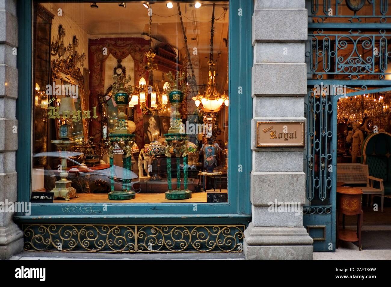 Shopfront and window display of ornate prop shop Bijan Royal, with