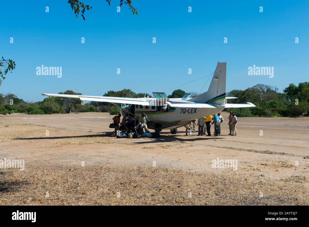 The landing strip with Cessna plane at Mvuu lodge in Liwonde National Park, Malawi. Stock Photo