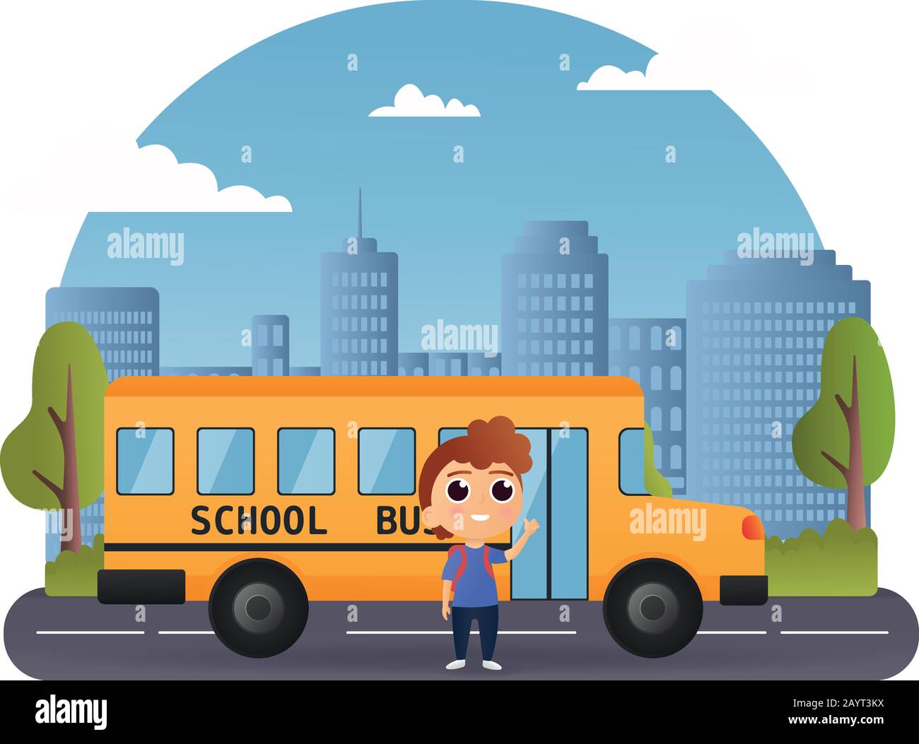 School bus and Happy Children. Vector illustration of School theme. Vector of little boy standing near the school bus. Back To School bus w kids. cute Stock Vector