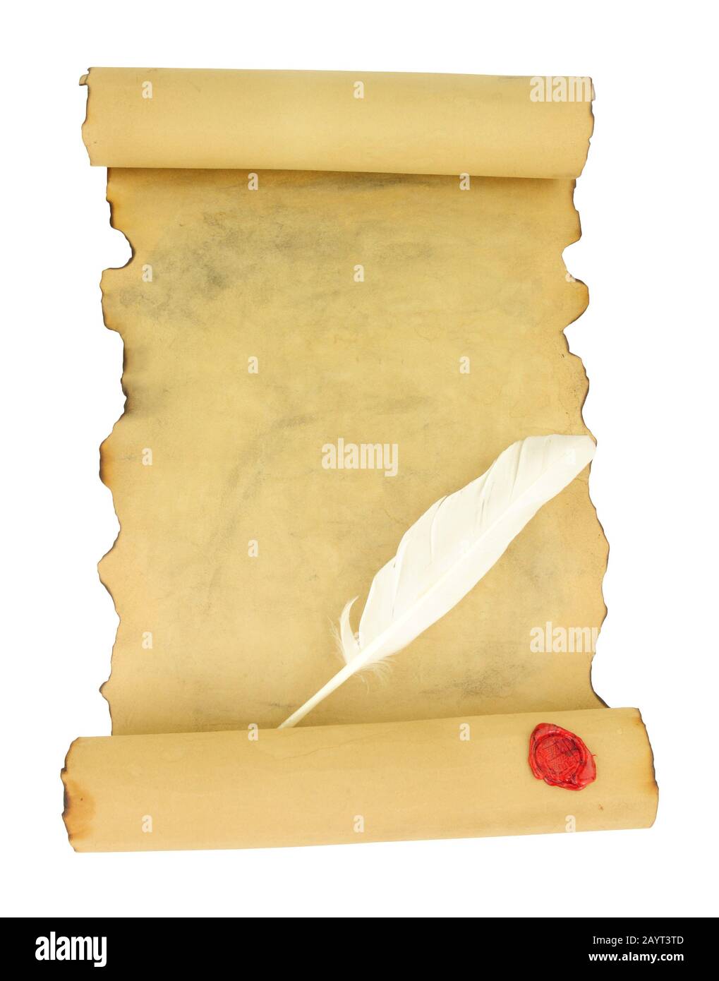 Old vintage paper scroll with red wax seal and feather quill pen isolated  on a white background Stock Photo - Alamy