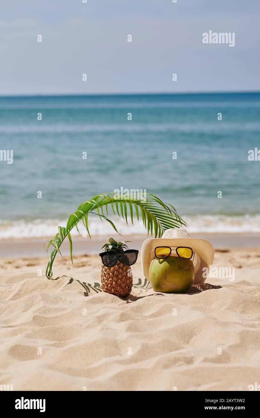 Coconut and pineapple in sunglasses resting under palm leaf on the beach Stock Photo