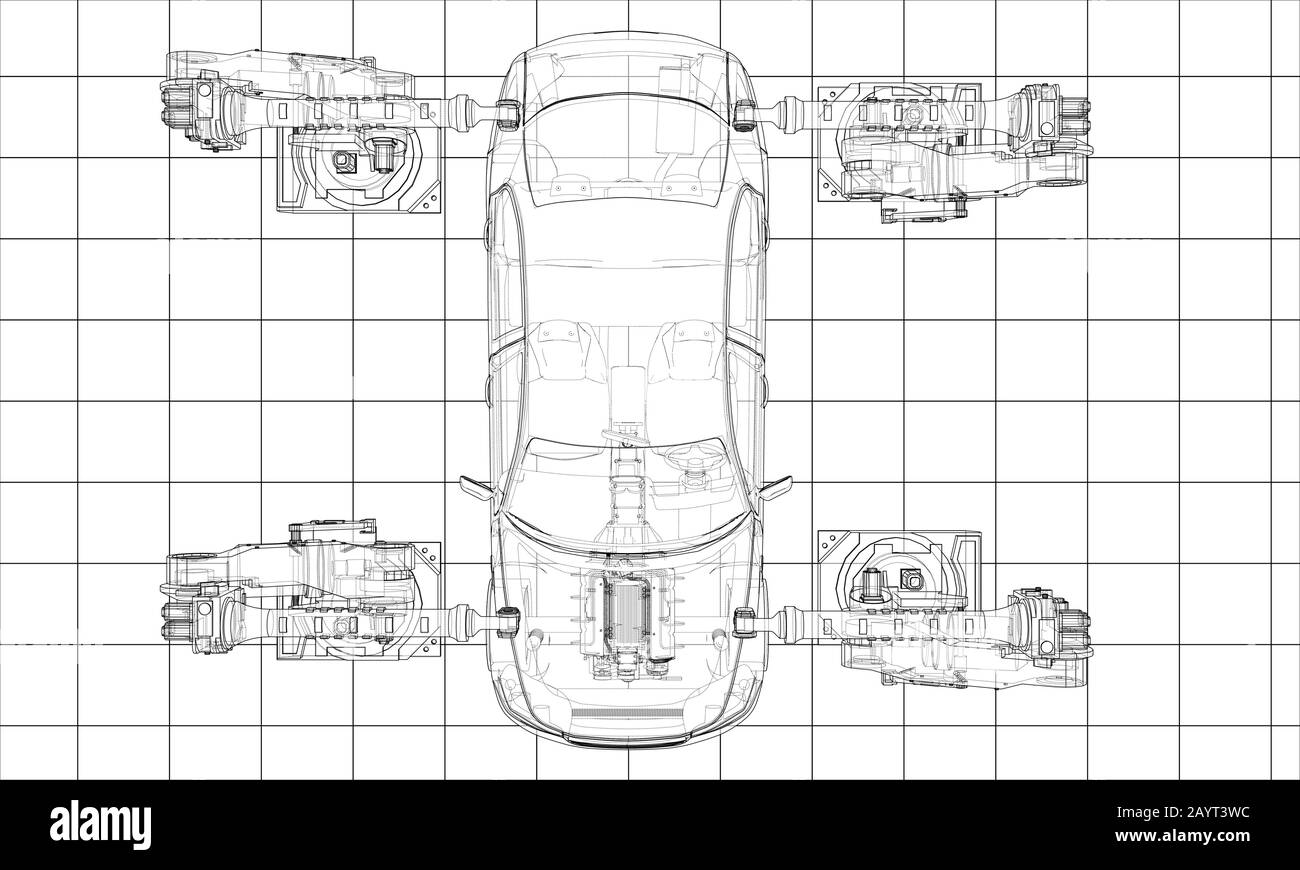 Assembly of motor vehicle. Robotic equipment makes Assembly of car. Blueprint style. Vector rendering from 3D model Stock Vector