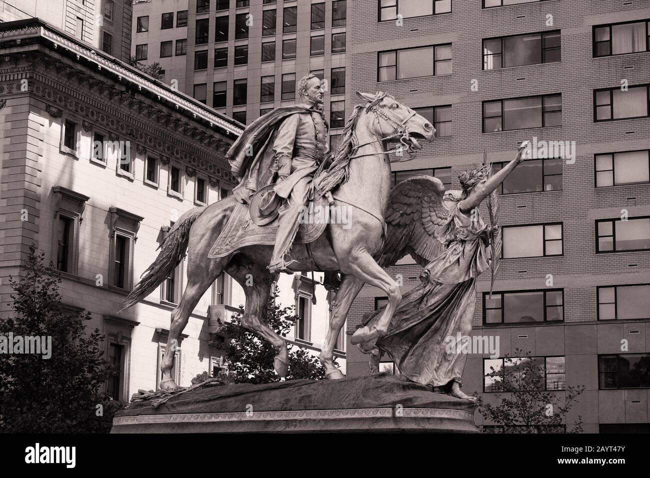 General William Tecumseh Sherman in cape on horse being led by winged victory, Greek Goddess Nike - the Sherman Memorial, Grand Army Plaza, New York Stock Photo