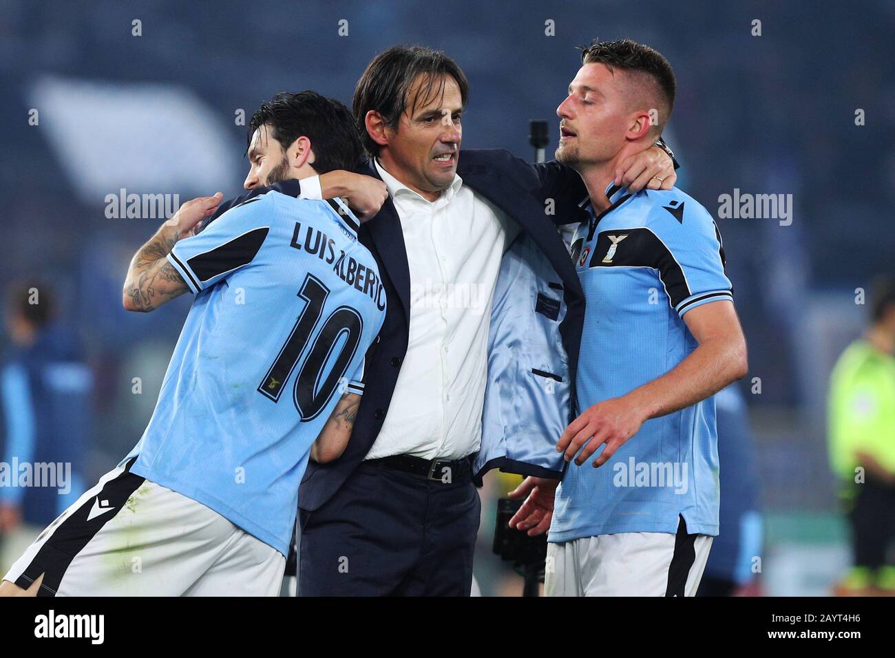 Sergej Milinkovic Savic of Lazio (R) celebrates with head coach Simone Inzaghi (C) and Luis Alberto (L) at the end of the Italian championship Serie A football match between SS Lazio and FC Internazionale on February 16, 2020 at Stadio Olimpico in Rome, Italy - Photo Federico Proietti/ESPA-Images Stock Photo