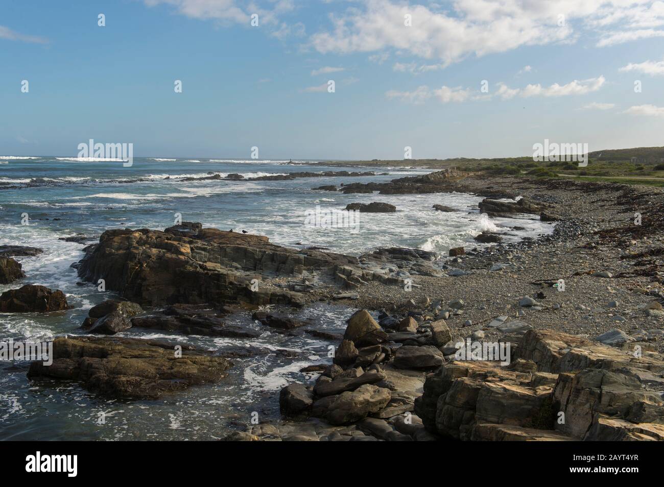 Coastline of Robben Island, which is an island in Table Bay, 6.9 km west of the coast of Cape Town, South Africa, and has been used for the isolation Stock Photo