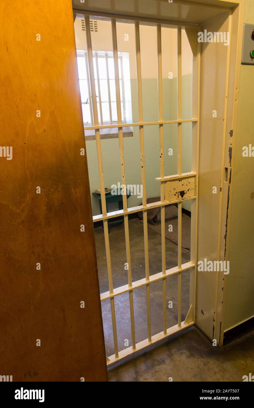 Nelson Mandelas prison cell at the maximum security prison on Robben Island, which is an island in Table Bay, 6.9 km west of the coast of Cape, South Stock Photo