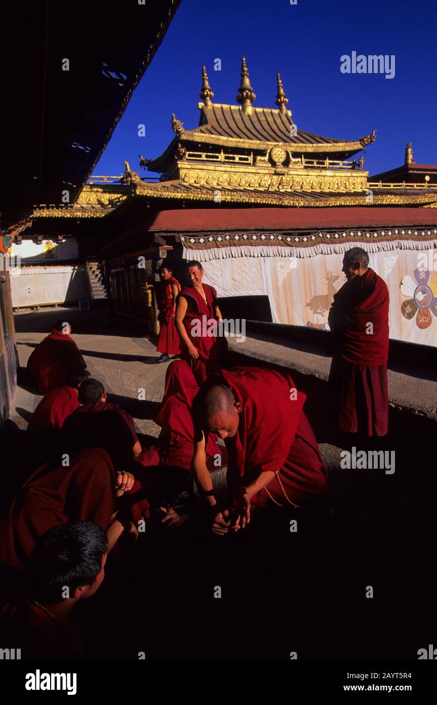 Monks are getting together to debate at the Jokhang Temple in Lhasa, Tibet, China. Stock Photo
