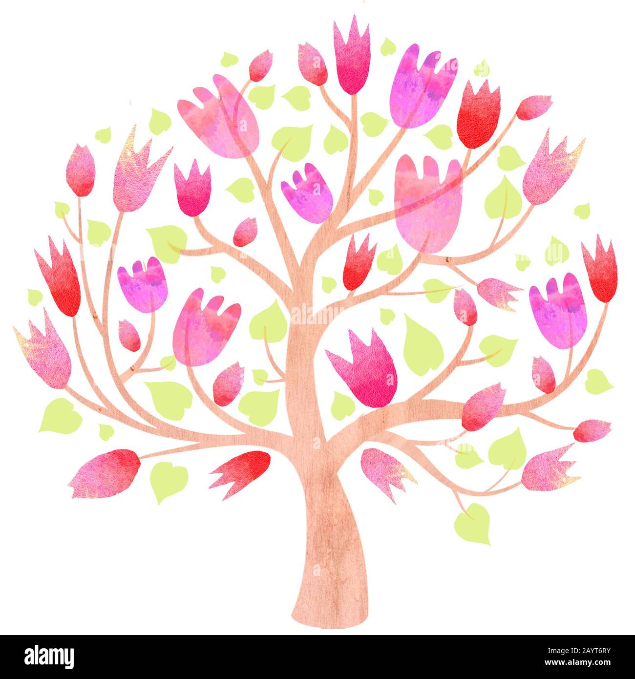 Spring tree with pink tulips on a white background. Easy gentle spring illustration. Stock Photo