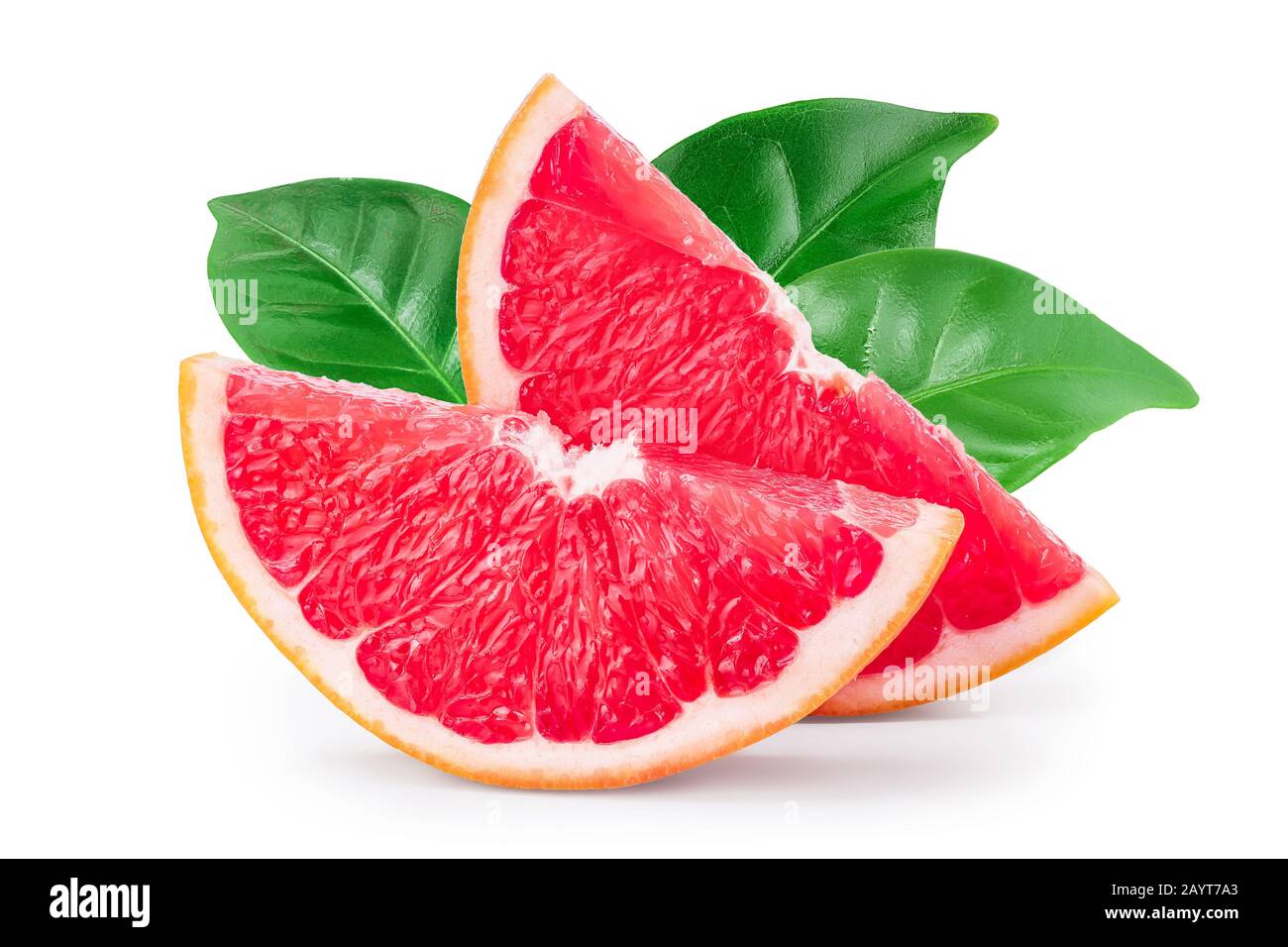 Grapefruit slice with leaves isolated on white background closeup Stock Photo