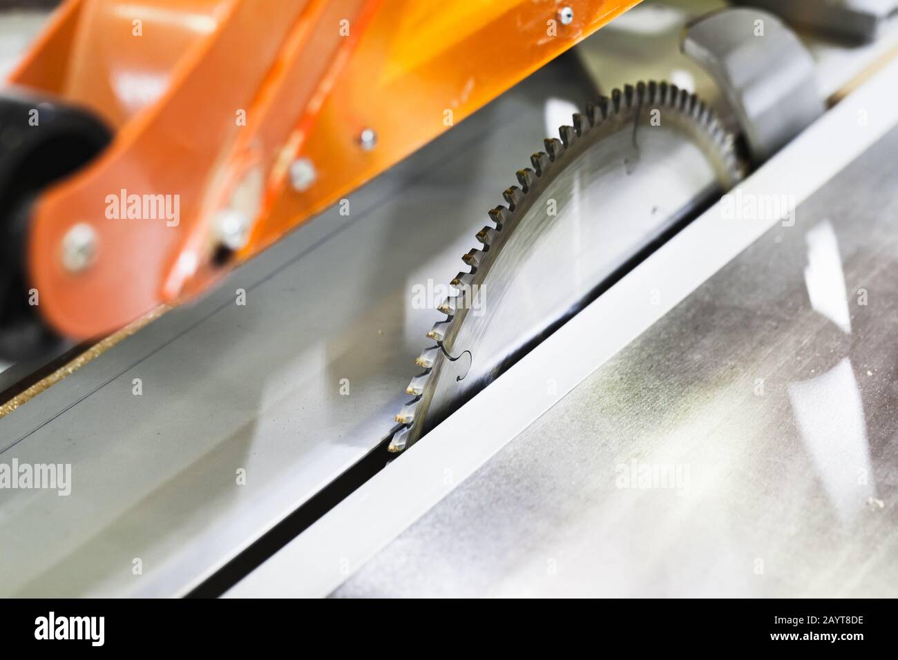 Industrial table saw, close-up photo with selective focus Stock Photo