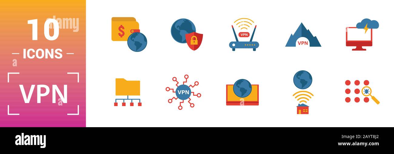 Vpn icon set. Include creative elements , archiving, site security, home server, cloud storage hacking icons. Can be used for report, presentation Stock Vector