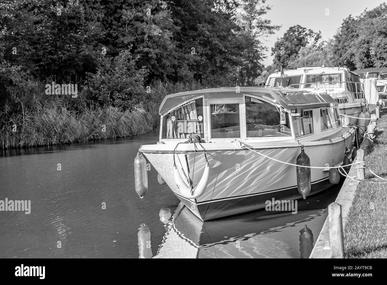 2 Front on view of holiday cruiser boat moored up on a quay heading in the countryside Stock Photo
