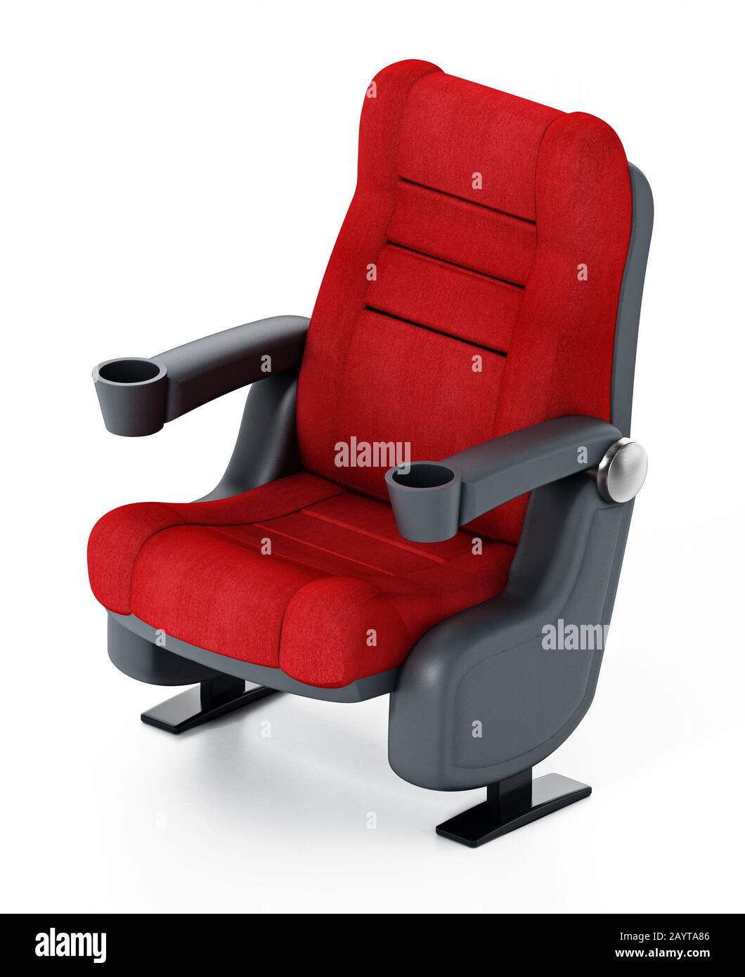 Spotlit red cinema chair with popcorn and soda. 3D illustration. Stock Photo
