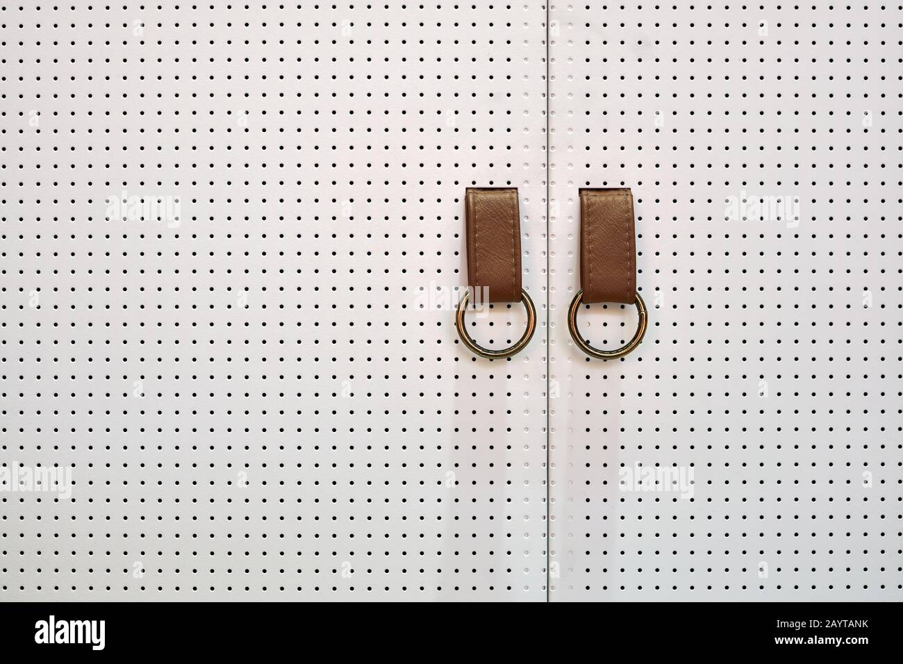 Closeup view at mesh doors with leather handles Stock Photo
