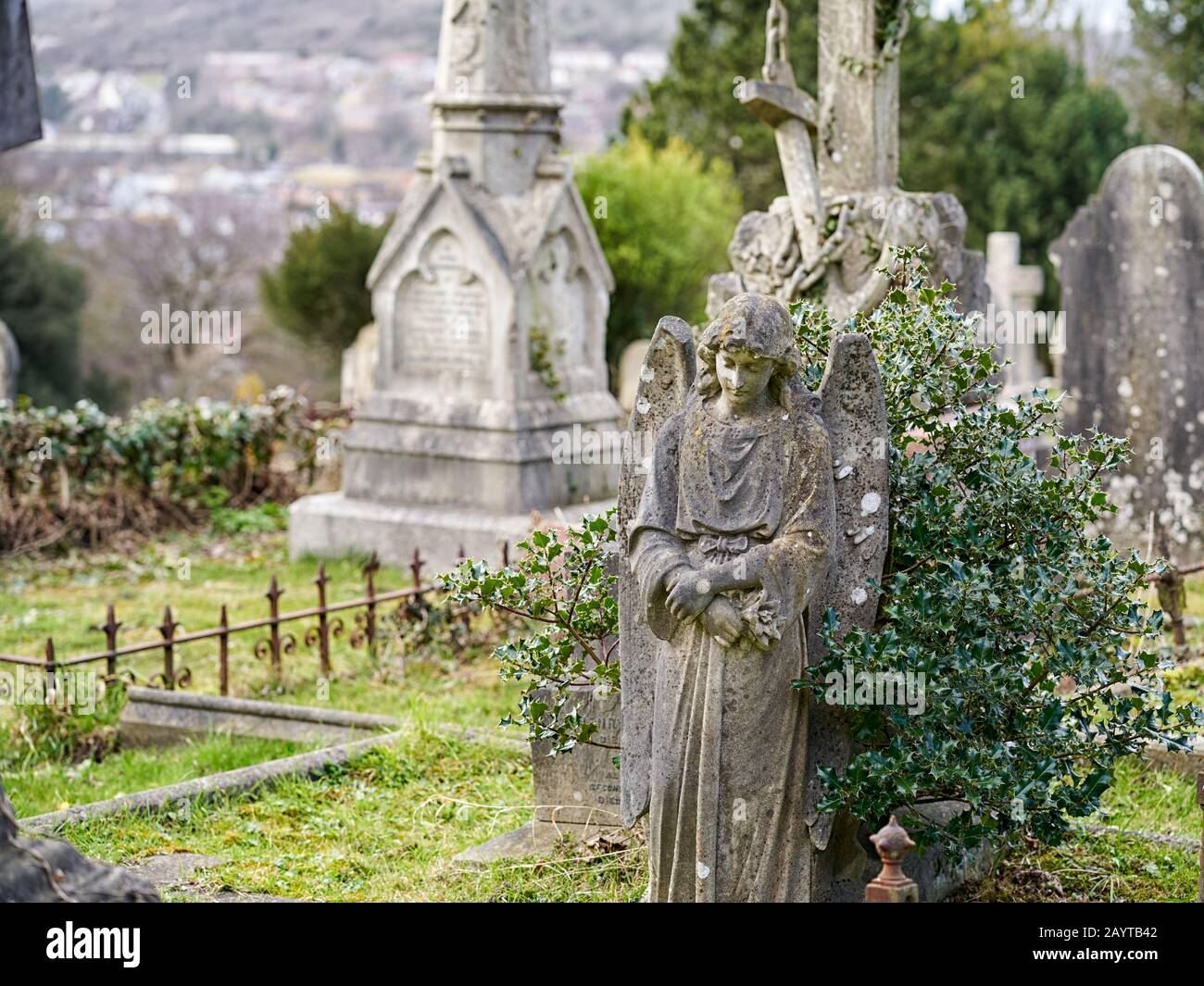 Headstones and angels on the graves in the main cemetery at Dover Kent ...