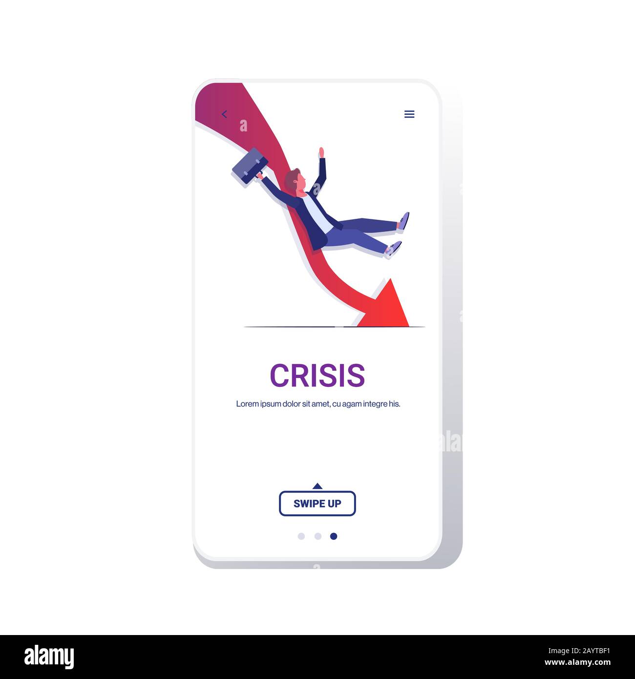 businessman sliding down falling economic arrow financial crisis ...