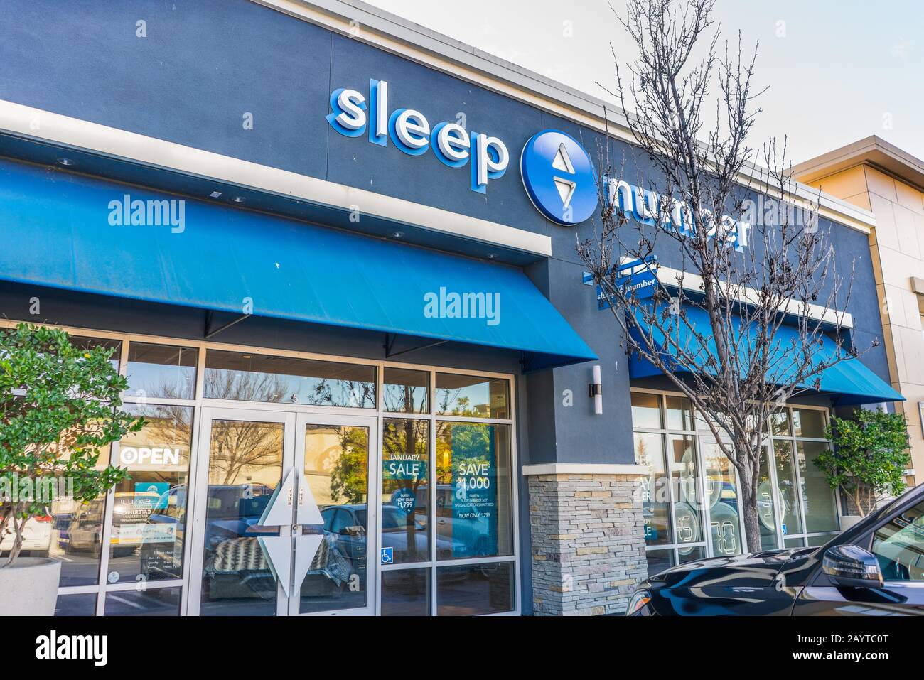 Jan 24, 2020 Mountain View / CA / USA - Sleep Number store in San Francisco Bay Area; Sleep Number is a U.S.-based manufacturer that manufactures beds Stock Photo
