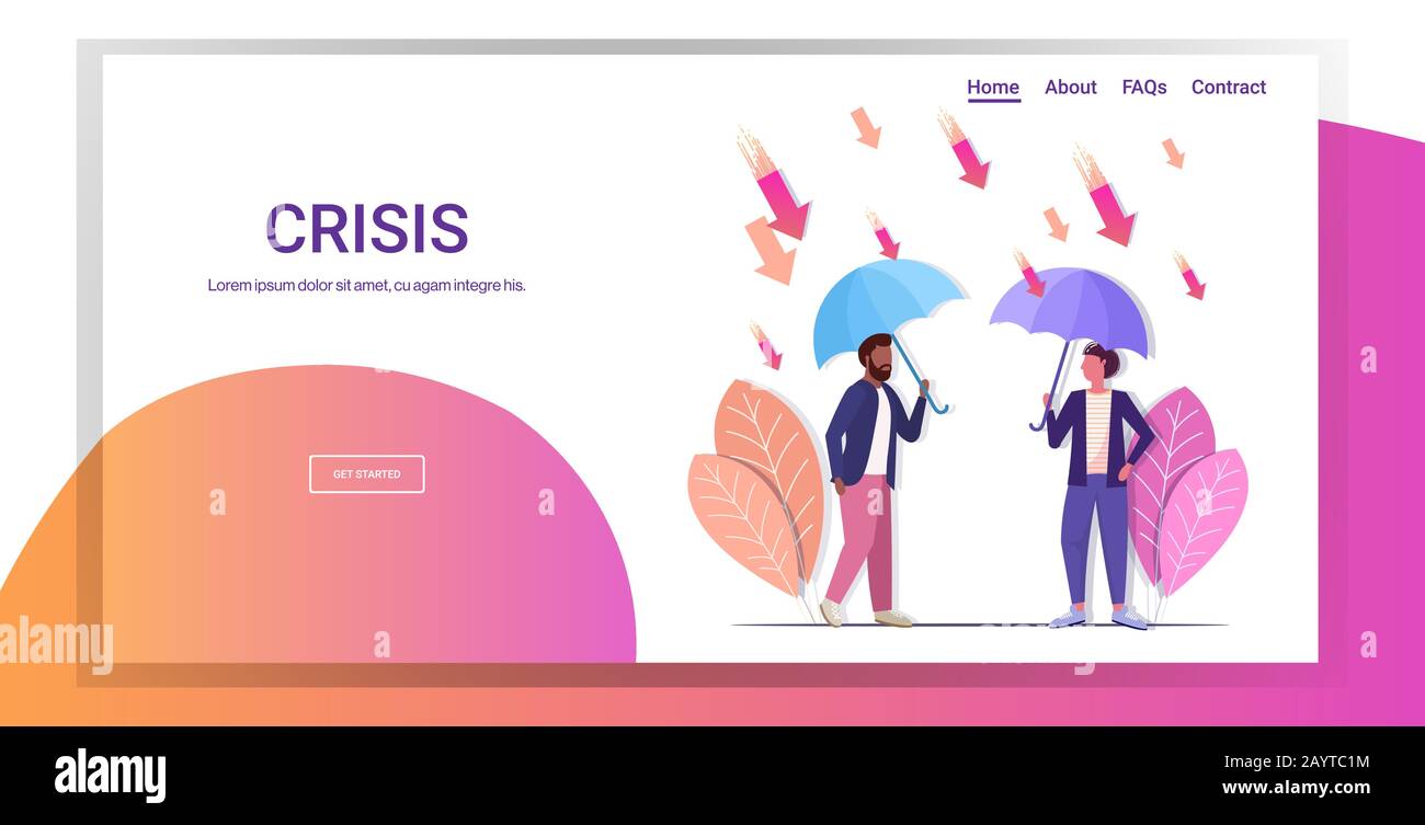 mix race businesspeople under umbrella economic arrows falling down financial crisis bankrupt investment risk protection concept full length copy space horizontal vector illustration Stock Vector
