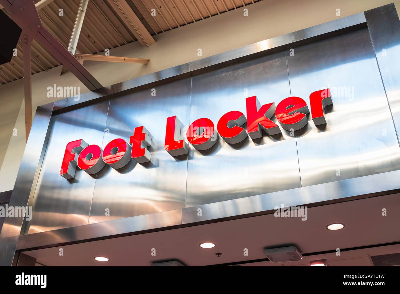 Jan 31, 2020 Milpitas / CA / USA - Foot Locker store sign in a shopping mall in South San Francisco Bay Area; Foot Locker Retail, Inc. is an American Stock Photo