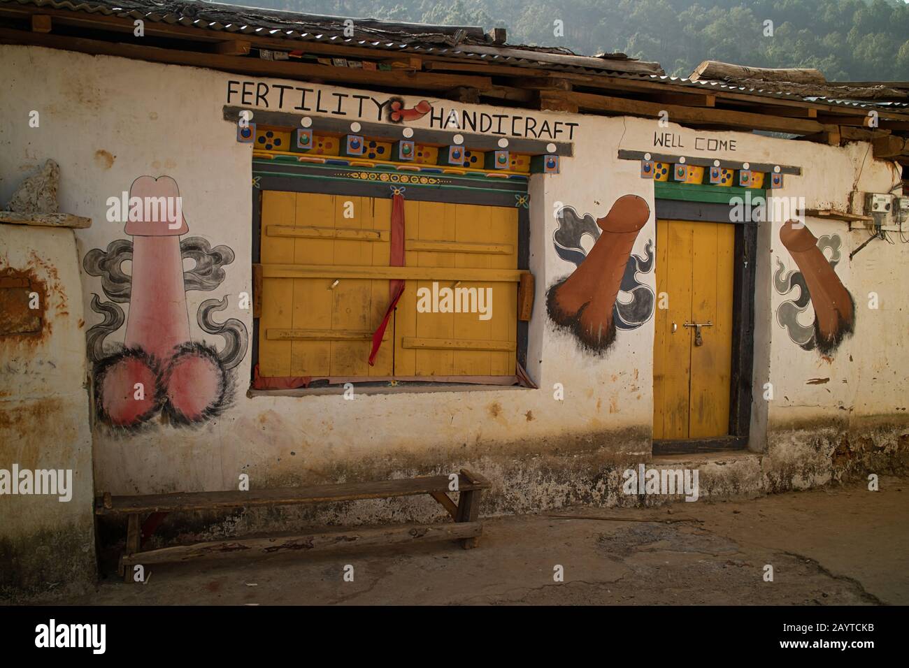 A painting of a phallus is wide spread all over Bhutan as a symbol of fertility and for protection of home Stock Photo