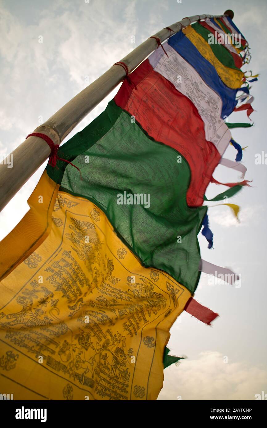 Prayer flags in the wind are spreading the prayers Stock Photo