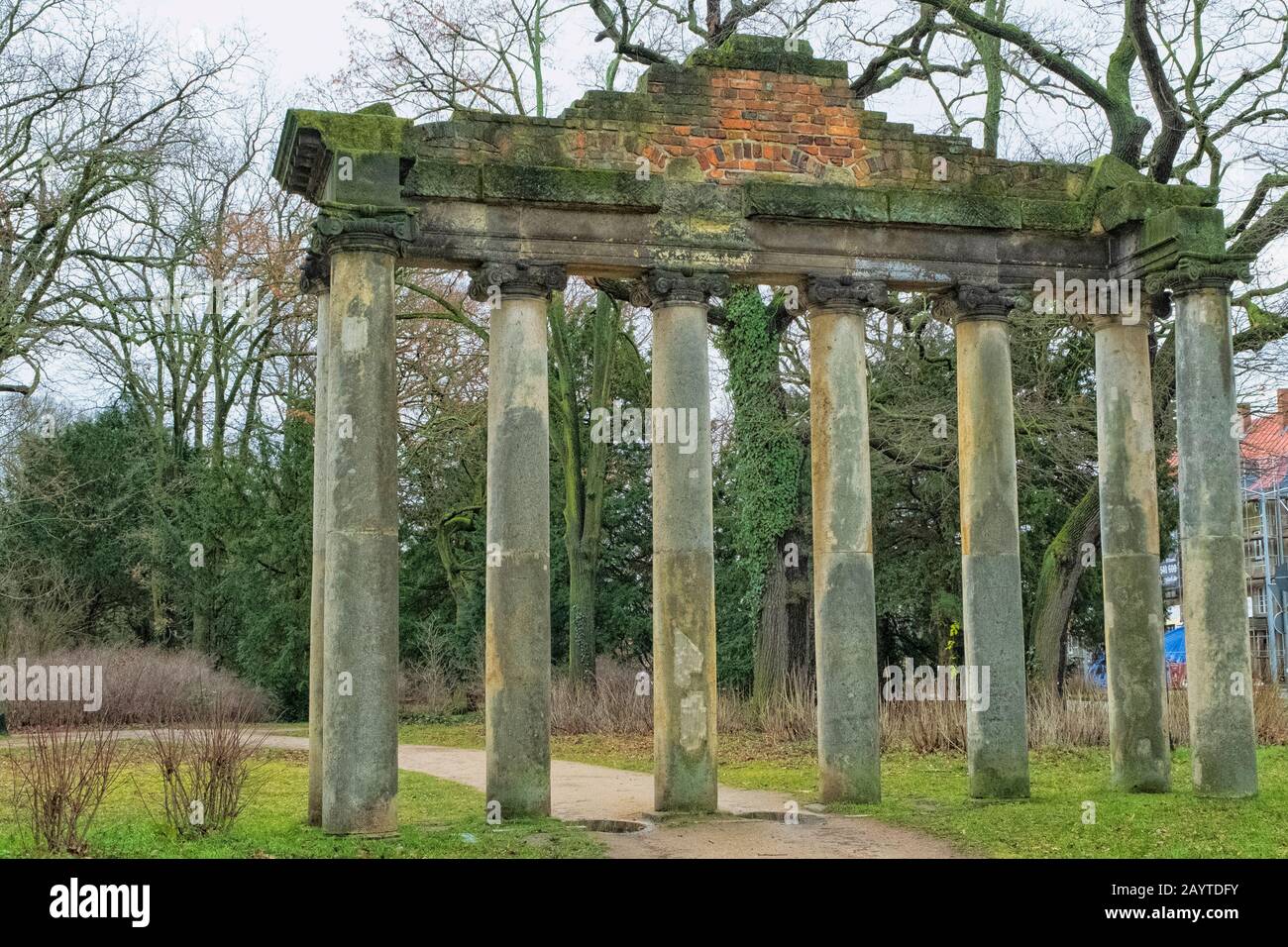 The Seven Pillars (Sieben Sauelen), also known at the Roman Ruins, at Dessau, in Saxony Anhalt, Germany. The Greek-style temple is a folly that stands Stock Photo