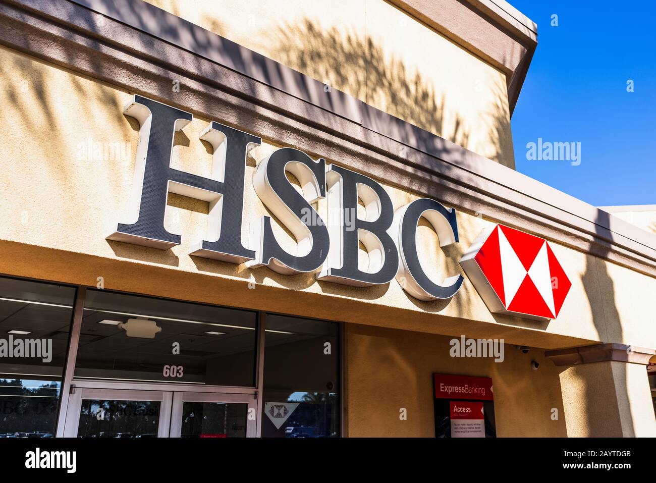 Feb 14, 2020 Milpitas / CA / USA - HSBC Bank branch in South San Francisco Bay Area; HSBC Bank USA is an American subsidiary of UK-based HSBC Holdings Stock Photo