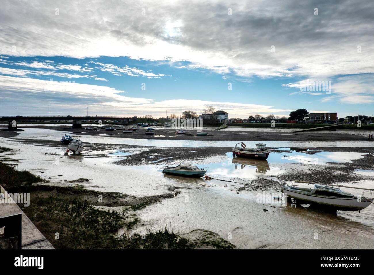Low tide on the River Adur at Shoreham-by-Sea, West Sussex, looking towards Shoreham airport Stock Photo