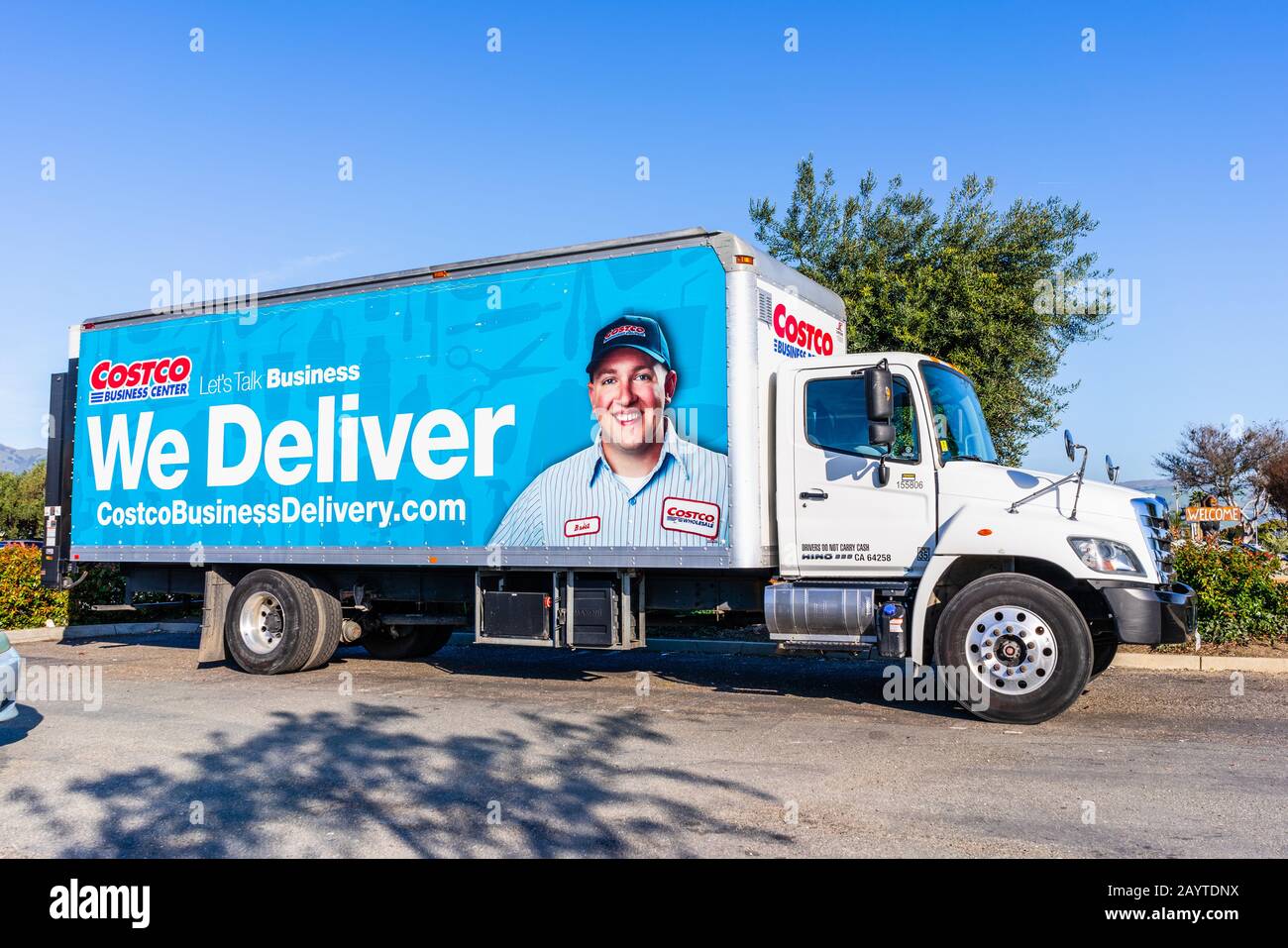 Feb 14, 2020 Milpitas / CA / USA - Side view of Costco delivery truck; Costco Wholesale Corporation is an American multinational corporation which ope Stock Photo