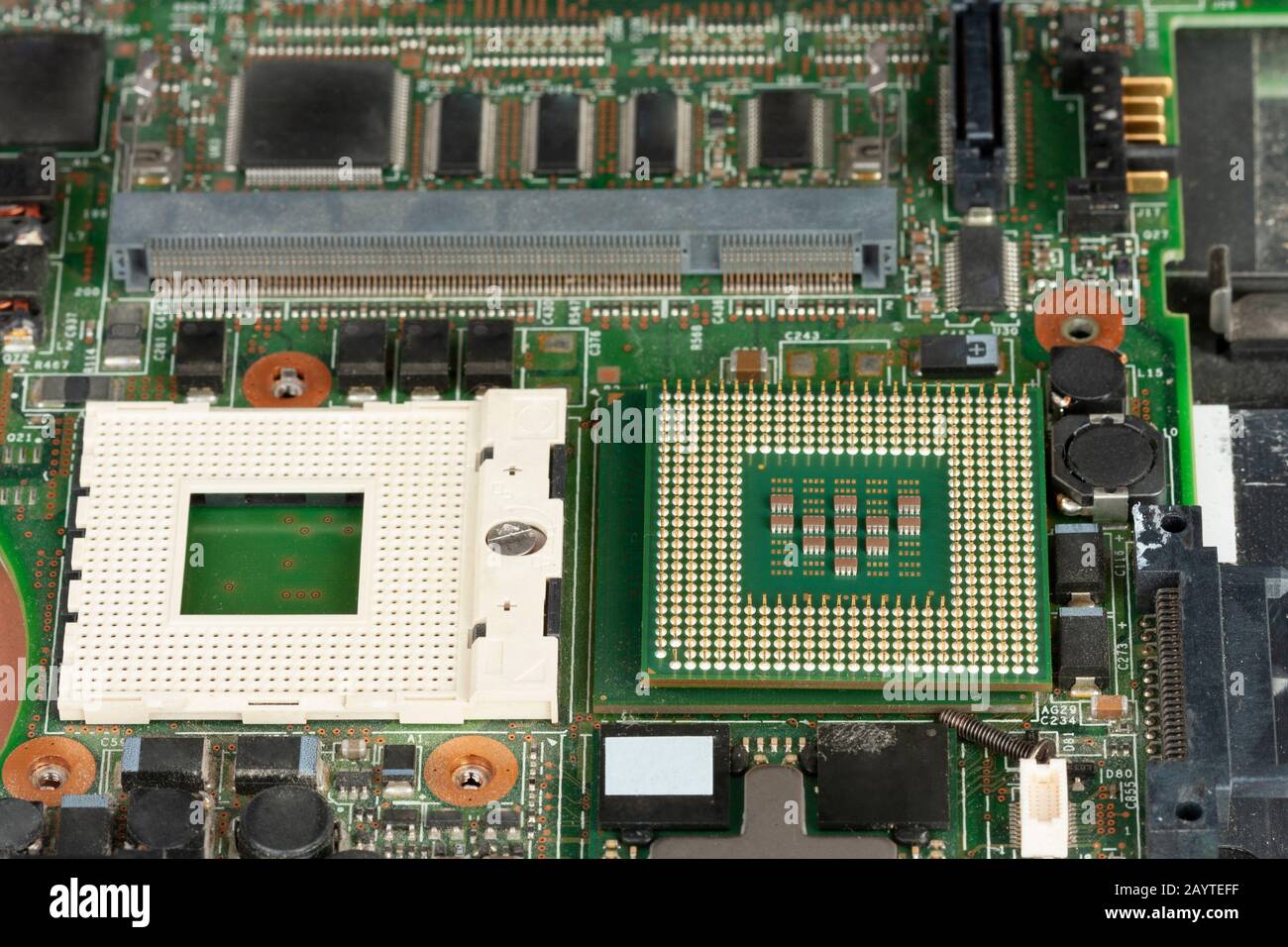 Close up of  laptop processor  with empty socket base for CPU on main board of notebook. Stock Photo