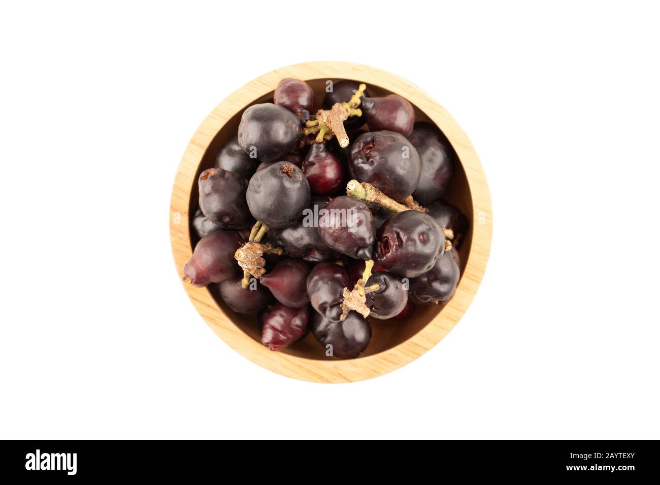 Top view of Syzygium cumini, black plum, jamun or Syzygium cumini in wooden bowl isolated on white background with clipping path Stock Photo