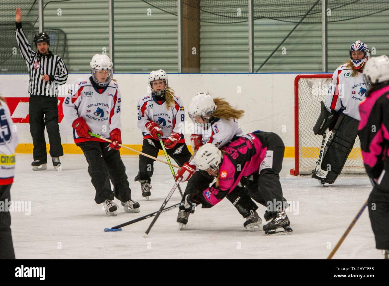 Girls compete in the sport ringette. Stock Photo