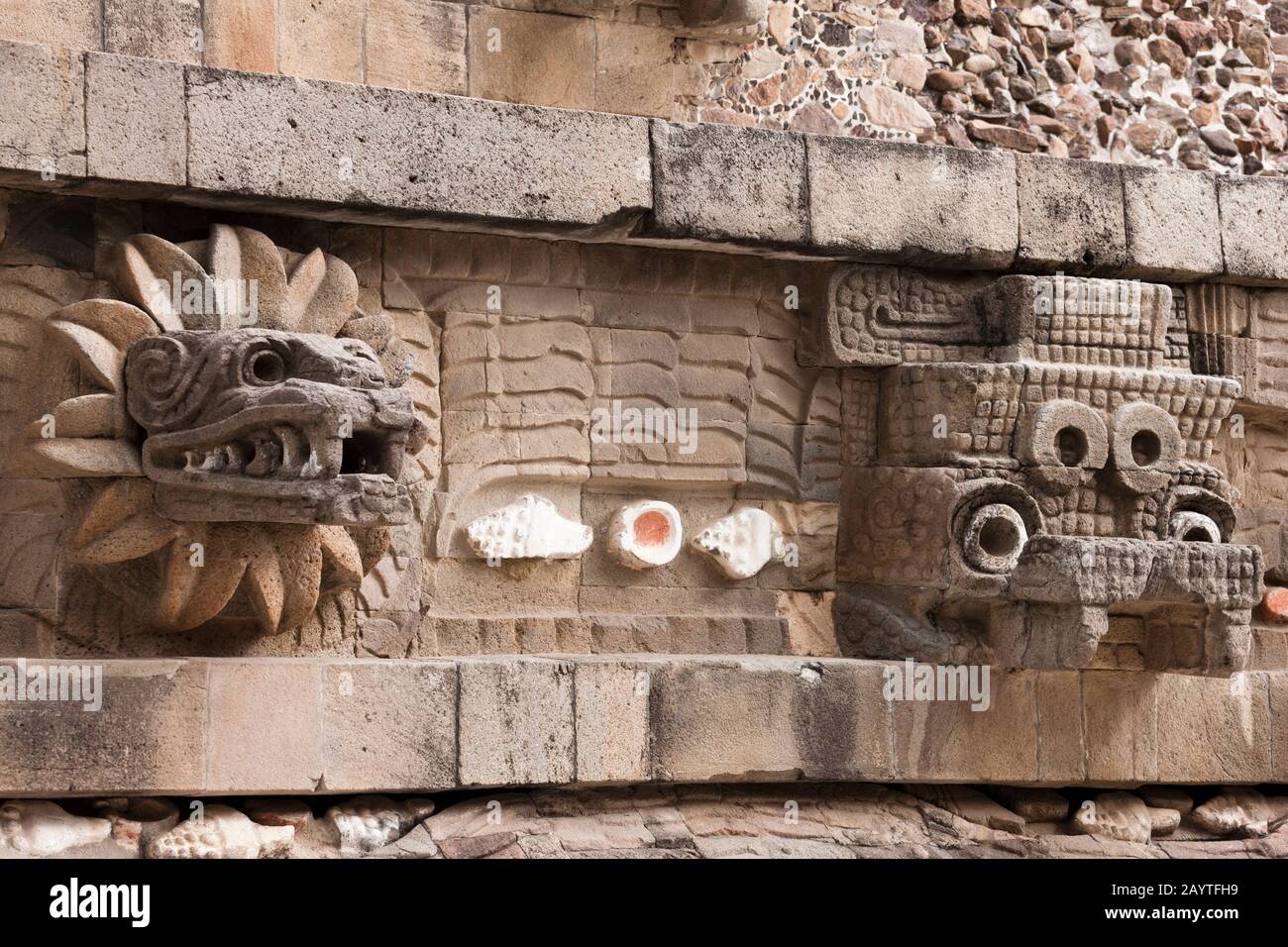 Serpent and Tlaloc head of The temple of Quetzalcoatl, Teotihuacan, suburb of Mexico City, Mexico, Central America Stock Photo