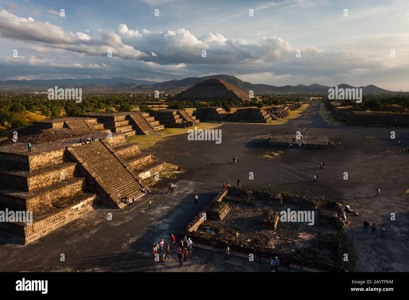 Avenue of the Dead and Pyramid of the Sun, from Moon Pyramid, at, evening, Teotihuacan, suburb of Mexico City, Mexico, Central America Stock Photo