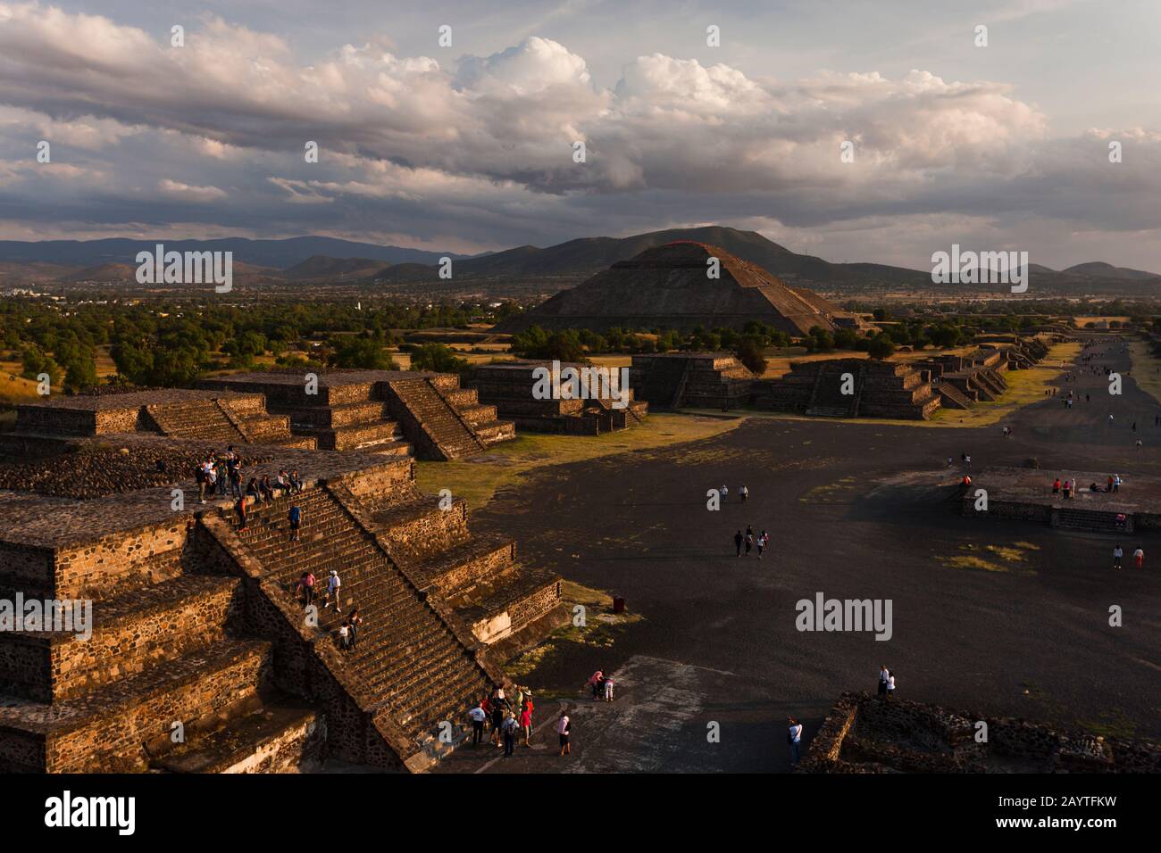 Avenue of the Dead and Pyramid of the Sun, from Moon Pyramid, at, evening, Teotihuacan, suburb of Mexico City, Mexico, Central America Stock Photo