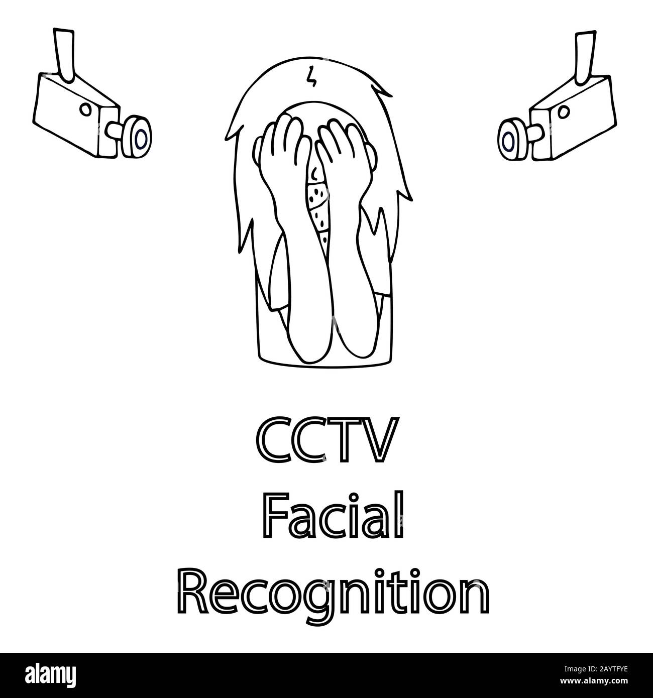 woman hides her face with hands from surveillance cameras. cctv facial recognition. white background isolated outline stock vector illustration Stock Vector