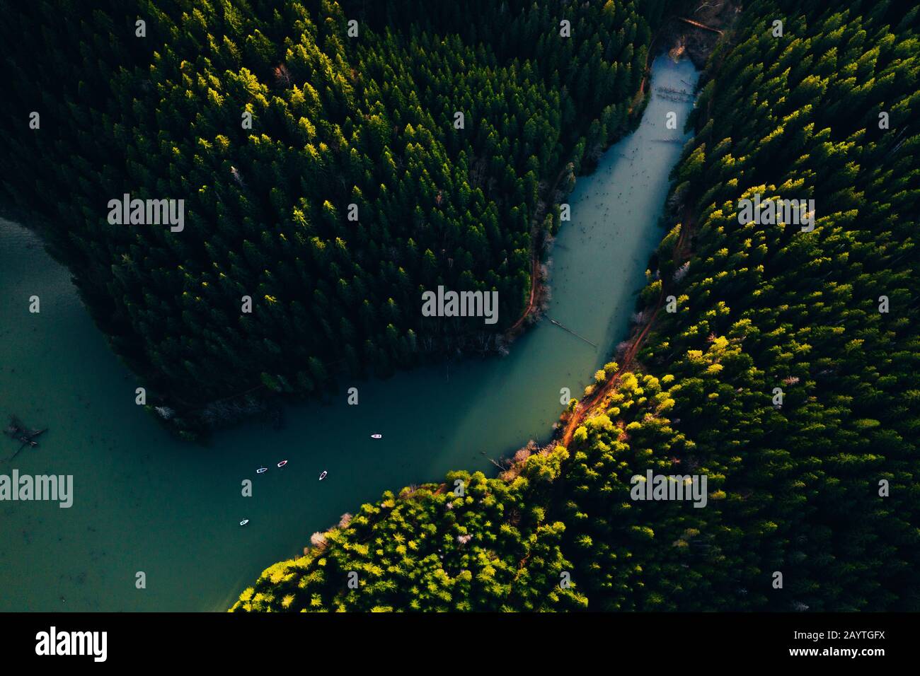 Lake ina pine tree forest with small boats seen from a drone Stock Photo