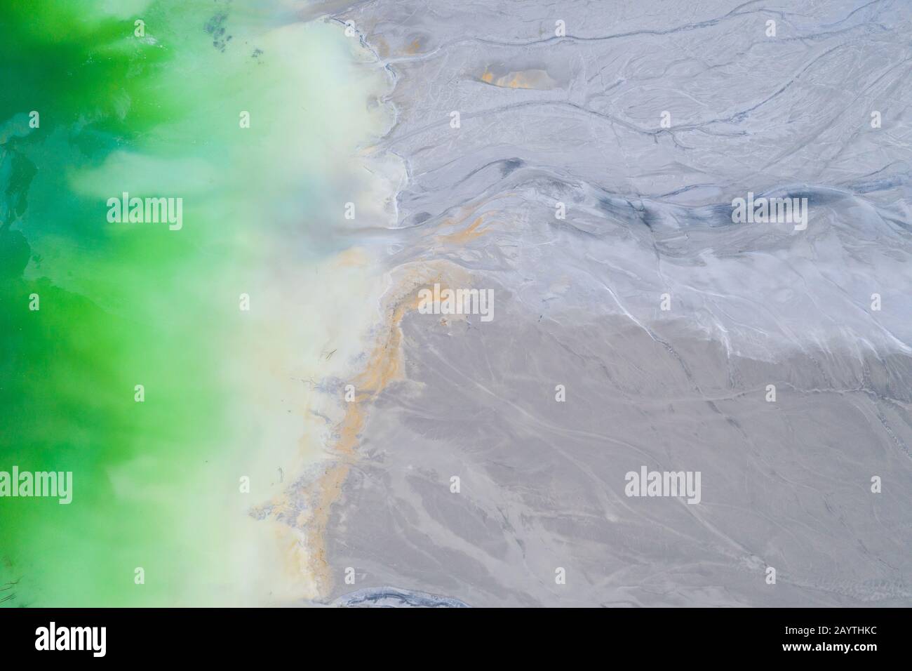 Drone view of contaminated, toxic water stream in Geamana, Romania Stock Photo